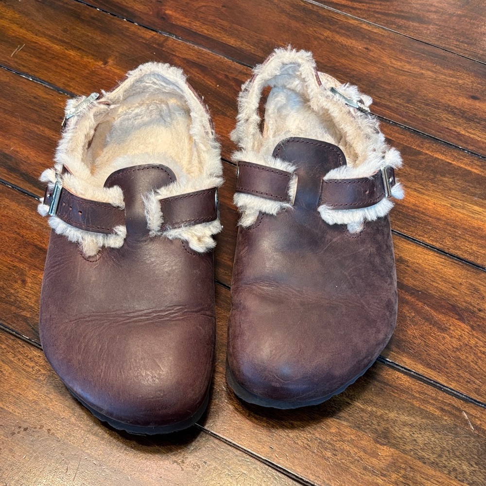 Birkenstock Chocolate Brown leather Tokio Shearling Clogs size 40